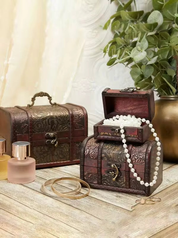3pcs Vintage Wooden Treasure Chest, Jewelry Box, Decorative Retro Style Jewelry Storage Box, Home Decor, Christmas Gift, New Year Gift, Gift For Men And Women