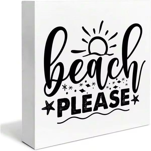 1pc 5*5inch(12.4*12.4cm) Beach Wooden Box Sign Beach House Decor Salty Beach Square Wood Sign Desk Decoration Rustic Coastal Wood Block Box Sign For Shelf Home