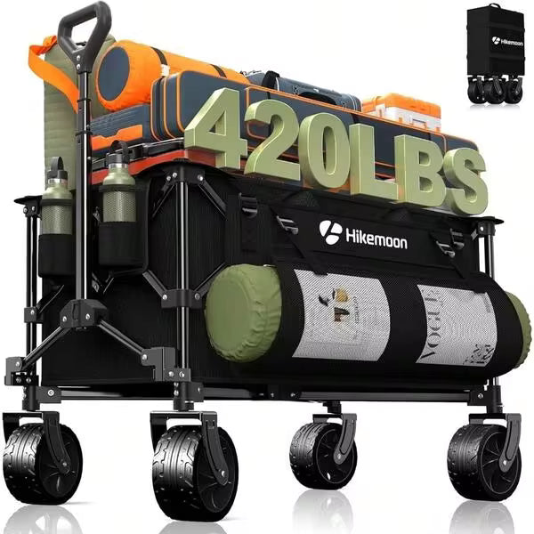 150L Collapsible Wagons Carts Foldable, 420LBS Heavy Duty Folding Beach Cart With Big All-Terrain Wheels, Portable Utility Wagon For Grocery, Shopping, Garden, Sports, Camping, Black