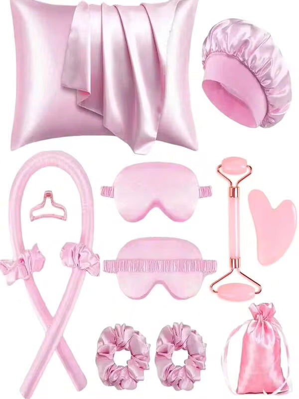 1/5/12pcs Sleep Hair Styling Tool Set, 1pc Hair Curler Silk Pillowcase Hair & Skin Care Queen Set, Silk Heatless Curl Set, Overnight Hair Curler, 1pc Soft Sleep Eye Mask, 1pc Silk Sleep Cap, Sleep Essentials Set