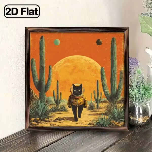 1 Vintage Astronaut Black Cat Space Art Wooden Wall Decor - 8x8inch Rustic Style Framed Desert Night Sky Illustration, Featuring Cactus And Planets, Whimsical Space Theme Indoor/Outdoor Decoration, Suitable For Home, Office, Cafe - Durable Wooden Pri
